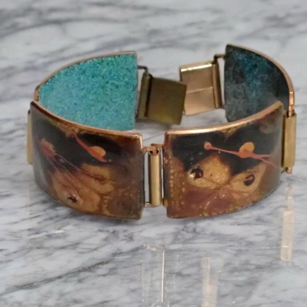 Matisse Renoir Brown Enamel Panel Copper Cuff Bracelet 7" Mint Condition Signed